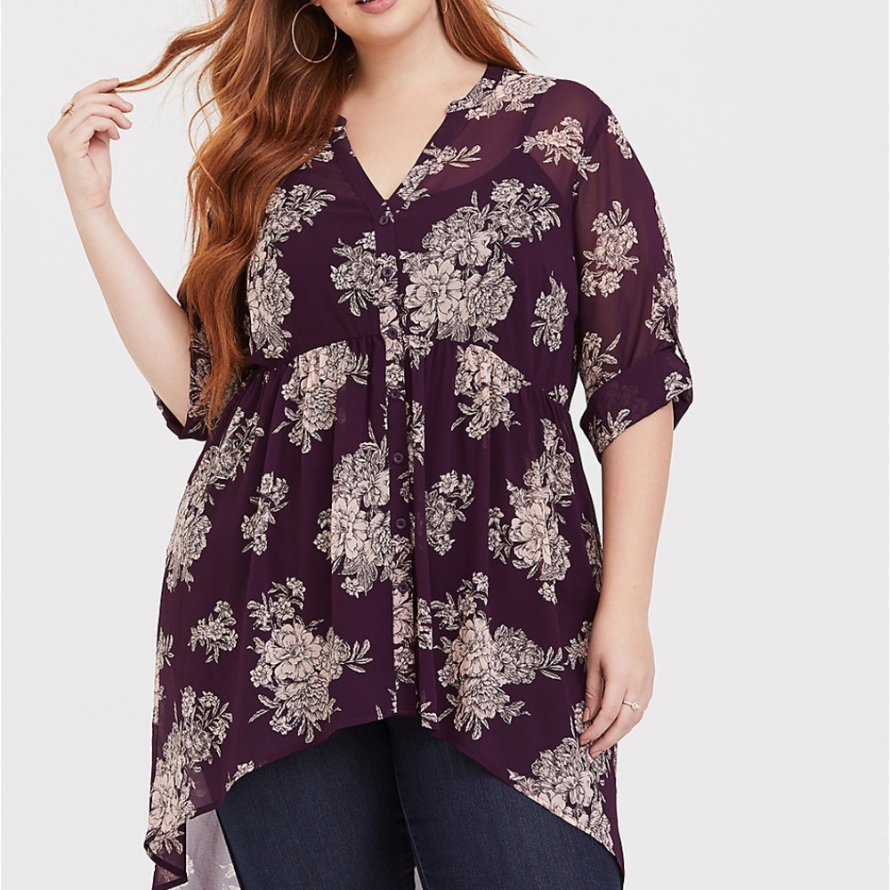 Torrid Lexie purple floral chiffon high- low tunic